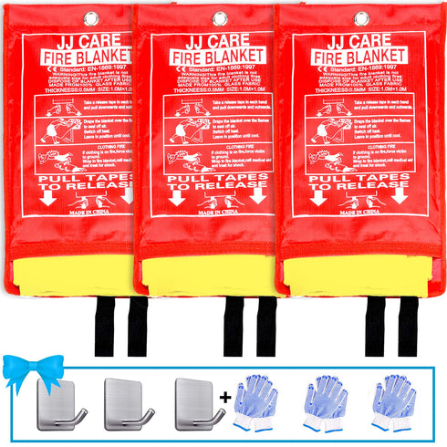 JJ CARE Upgraded Fire Blanket for Home 40"x40" with 3 Hooks & 3 Gloves, Fire Suppression Blanket, Emergency Fire Blanket for People, Fire Blanket Kitchen, Emergency Use - Yellow